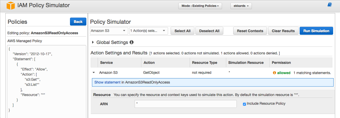 Policy Simulator evaluates S3 bucket access