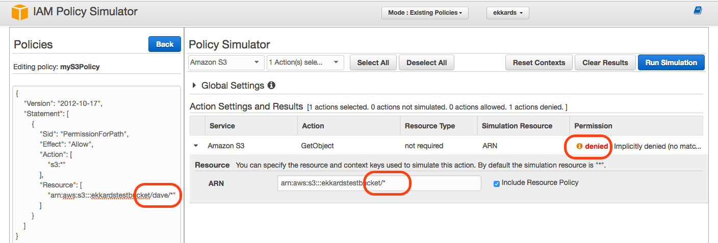 Policy Simulator shows access denied for a user and a bucket