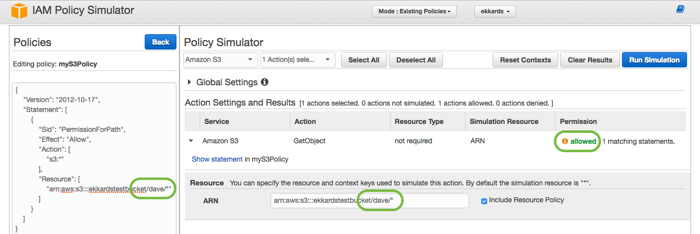 Policy Simulator shows access allowed for the same user in subfolder of the same bucket